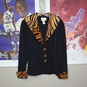 Vintage COTY Black Blazer with Tiger Print Accents